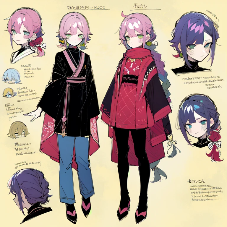 (Character Design Sheet, same character, front, Side, back), 2D anime style, anime mo art style, asexual, Pink hair, long bangs, Thin twisted braid, golden eyes, Brilliant eyes, no clothes, Black limbs, cute art style, иллюстрация anime style, Anime girl, from Kamagurka, in pixiv, pixiv style, pixiv, anime style, anime art style, whole body commission