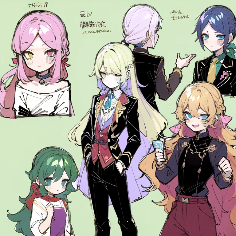 (Character Design Sheet, Same Character, Front, Side, Back), 2d Anime Style, Anime Moe Art Style, Genderless, Pink Hair, Long Bangs, A Slender Twist Braid, Golden Eyes, Glowing Eyes, No Clothes, Black Limbs, Cute Art Style, Anime Style Illustration, Anime Girl, by Kamagurka, in pixiv, pixiv style, pixiv, in anime style, Anime art style, Full body commission