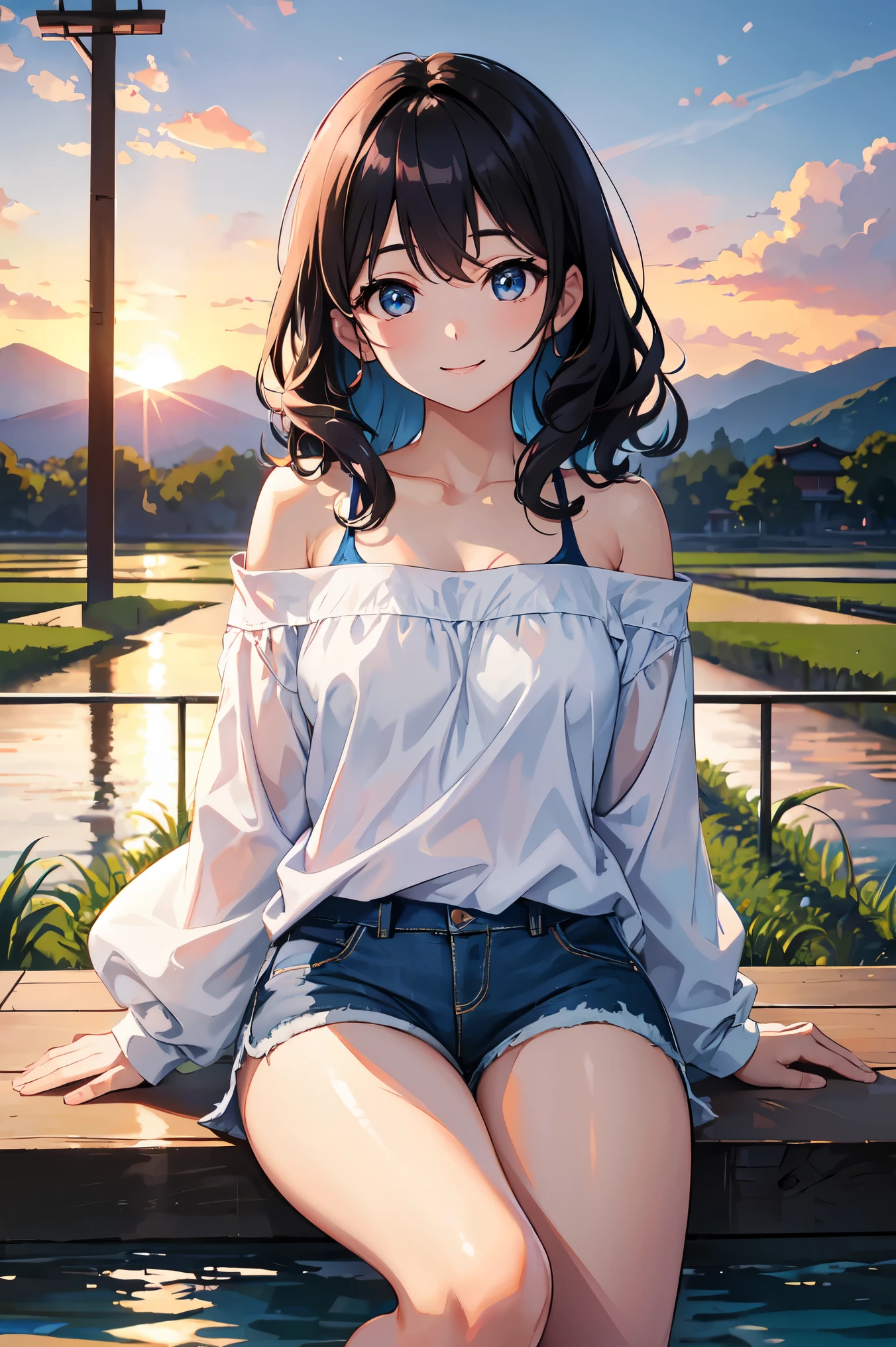 CG, Unity, 8k, wallpaper, highest quality,sunlight、Perfect lighting、 masterpiece, haruka amami, (smile: 1.2), 1 high school girl、Black Hair、Curly Hair、Blue Eyes、Dense lips、Light blue T-shirt、Off the shoulder、 BREAK denim shorts, barefoot, Thighs, Best lighting, Complex pupil, Complex weaving, Detailed Background, Japanese countryside, evening、Sunset