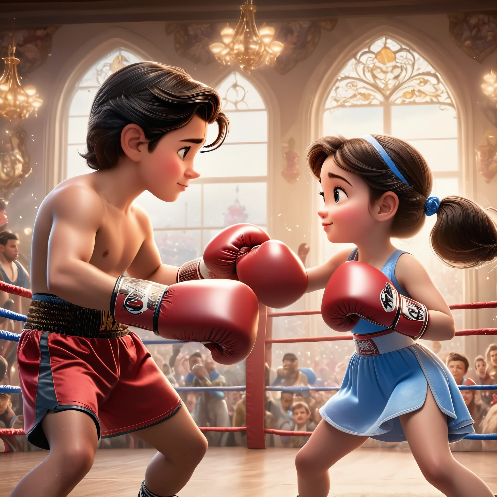 (best quality,4k,8k,highres,masterpiece:1.2),ultra-detailed,(realistic,photorealistic,photo-realistic:1.37),Disney poster,Disney style,beautiful princess and prince boxing match,boxing action,close-up,dynamic capture,body movements,punching，love