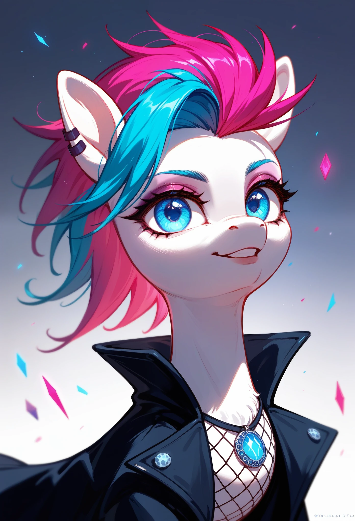 (score_9,score_8_up,score_7_up,score_6_up,score_5_up,score_4_up) black and pink punk pony, glowing, whimsical, enchanted, magical, fantasy art concept, intricate details,
