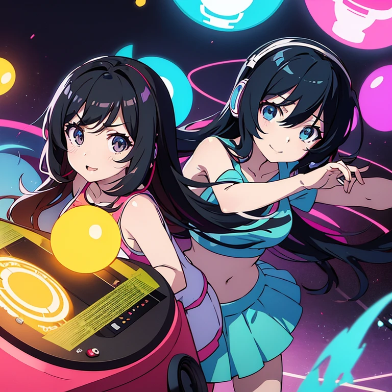 two anime girls in headphones are playing music on a turntable, anime vibes, anime style 4 k, ig studios anime style, nightcore, 8 0 s anime vibe, anime girls, anime style. 8k, lofi artstyle, dj sura, anime moe artstyle, anime style illustration, trending on cgstation, anime style artwork, e - girl standing