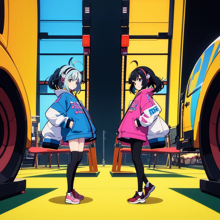 two anime girls in headphones are playing music on a turntable, anime vibes, anime style 4 k, ig studios anime style, nightcore, 8 0 s anime vibe, anime girls, anime style. 8k, lofi artstyle, dj sura, anime moe artstyle, anime style illustration, trending on cgstation, anime style artwork, e - girl standing