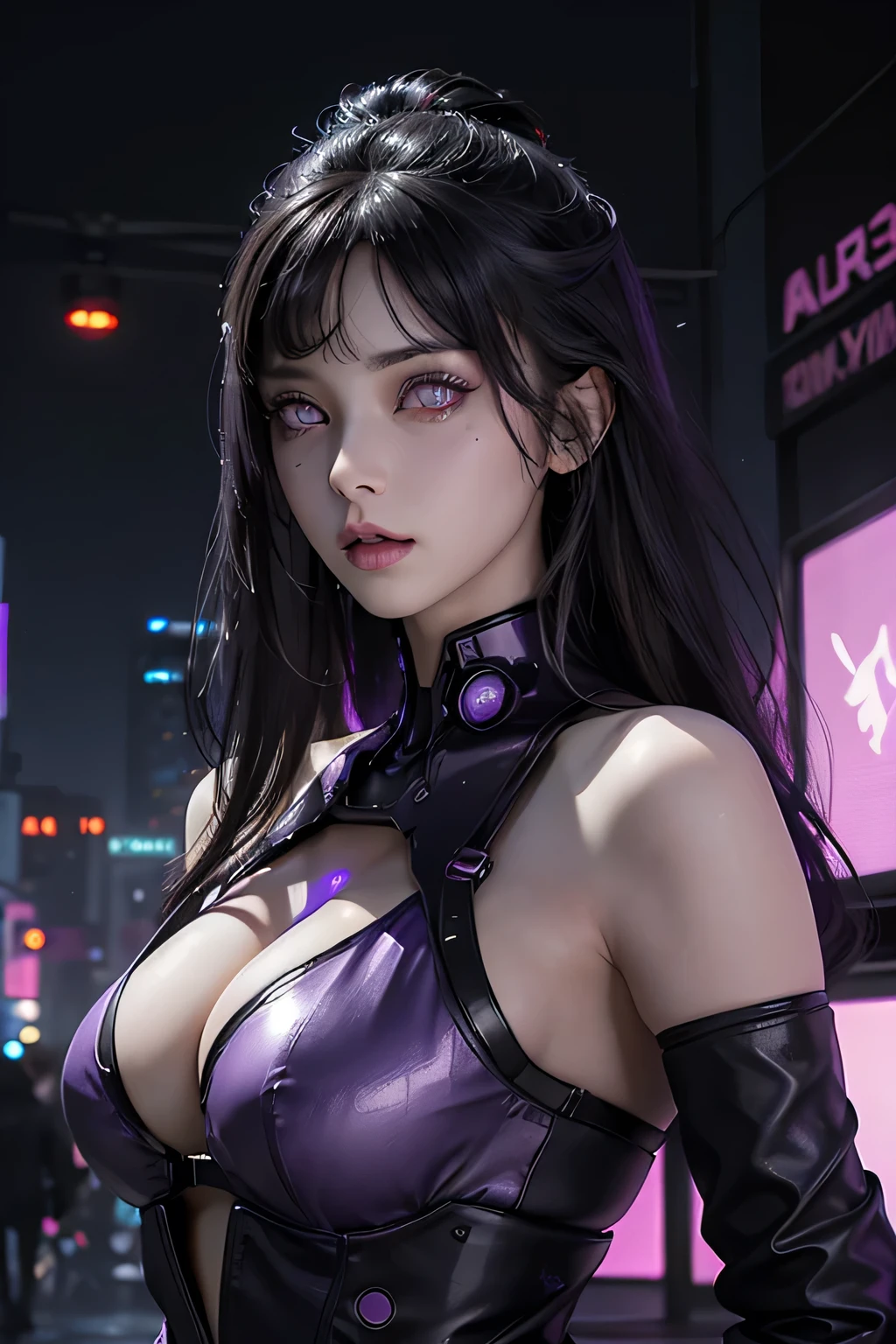 One female , bright purple eyes , "pupils glowing purple" , black hair , blonde highlights" , very_long_hair , big_breasts , perfect figure , detailed face , masterpiece , best quality , ultra detailed , (detailed background) , perfect shading , high contrast , best illumination , extremely detailed , ray tracing , realistic lighting effects , neon noir illustration , cyberpunk background