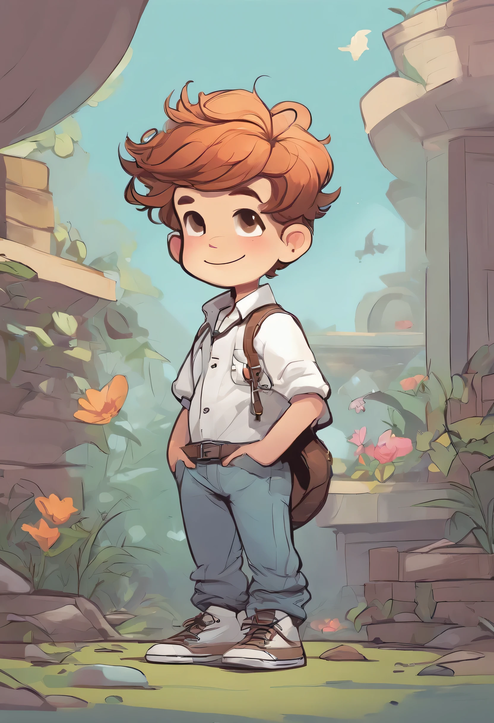 (Skottie Young Style) - 2d vector illustration,A cool British boy(),(detailed eyes),wearing formal shirt (white), (perfect body shape), (button opened), looking upside savagely,calm body gesture,trending pixiv fanbox, acrylic palette knife, 4k, vibrant colors, devinart, trending on artstation,, smooth lighting and pastel colors. graffiti background, (8 colors), by Skottie Young,(Attractive art work)