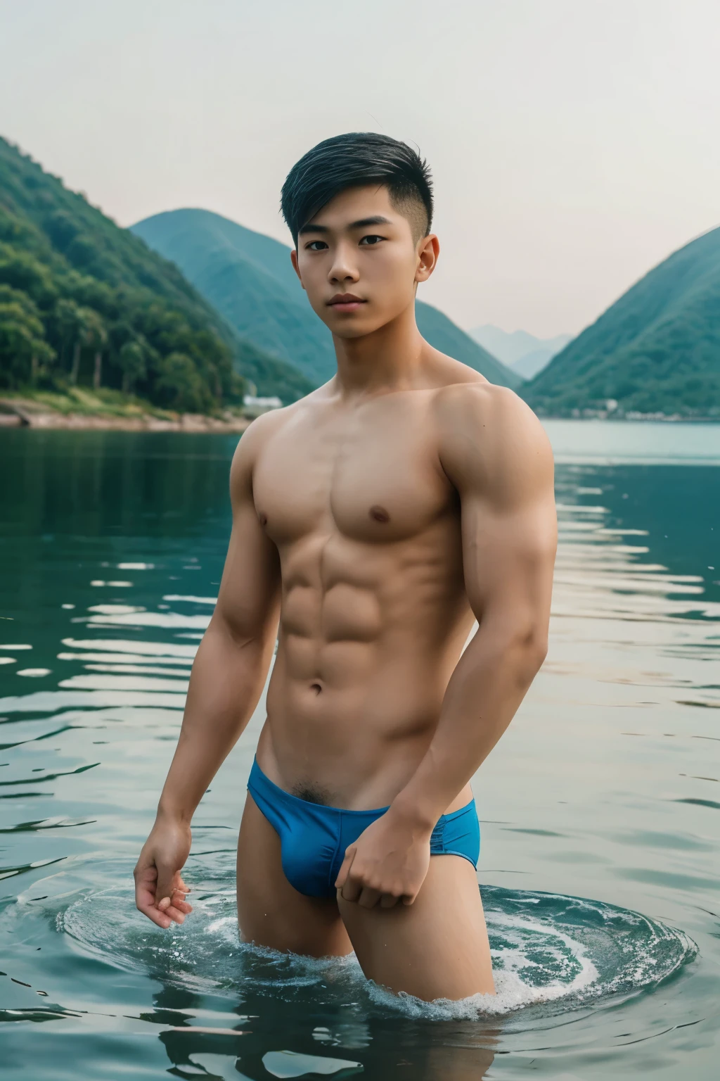 1boy,asian young man, muscular,twink,normal body, in the water ,