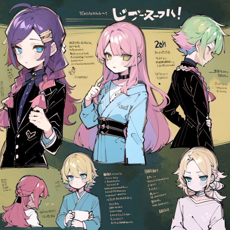 (Character Design Sheet, same character, front, Side, back), 2D anime style, anime mo art style, asexual, Pink hair, long bangs, Thin twisted braid, golden eyes, Brilliant eyes, no clothes, Black limbs, cute art style, иллюстрация anime style, Anime girl, from Kamagurka, in pixiv, pixiv style, pixiv, anime style, anime art style, whole body commission