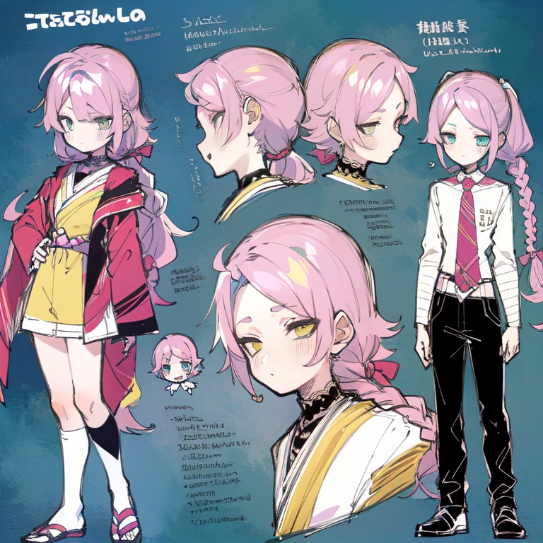 (Character Design Sheet, same character, front, Side, back), 2D anime style, anime mo art style, asexual, Pink hair, long bangs, Thin twisted braid, golden eyes, Brilliant eyes, no clothes, Black limbs, cute art style, иллюстрация anime style, Anime girl, from Kamagurka, in pixiv, pixiv style, pixiv, anime style, anime art style, whole body commission