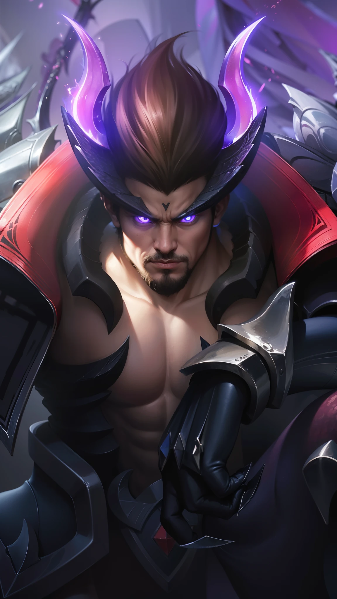 a close up of a man with a sword and armor, inspired by Huang Shen, heise jinyao, gilgamesh, portrait of dragoon, inspired by Li Kan, casimir art, roguish smirk, inspired by Shen Zhou, wukong, sylas, official splash art, mobile legends, inspired by Yang Jin, zhao yun, Best quality, masterpiece, detailed skin texture, detailed clothes texture, detailed face, super detail, 8k, intricate detail, 1 boy, The color doesn't change, Muscle guy, 1 guy, purple eyes.