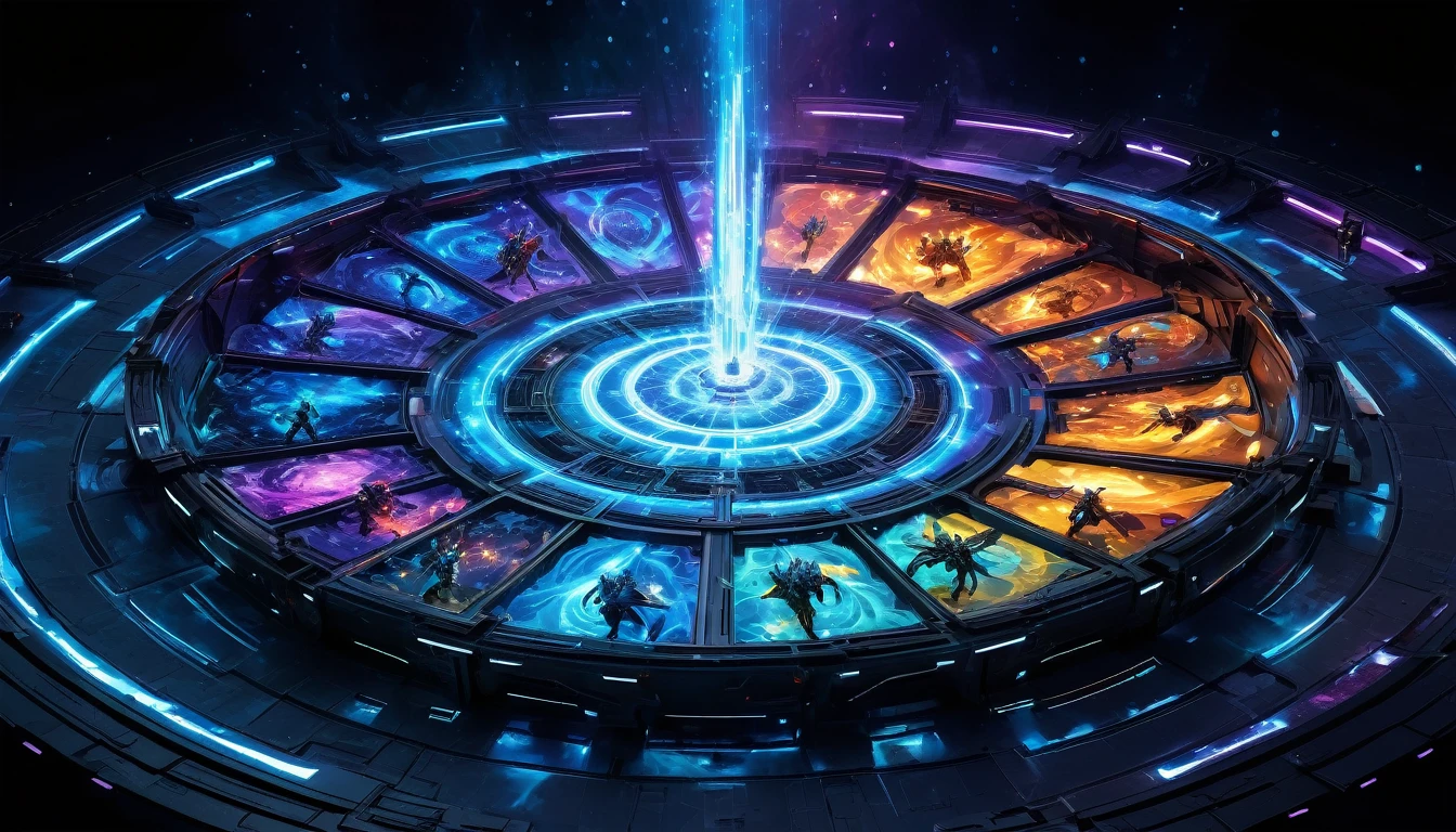 Create a miniature illustrating an epic battle scene between 5 artistic intelligences represented by different shapes/colors (e.g. blue flame, luminous flower, pixel swirl, cosmic entity, etc.). Each facing the other in a futuristic arena that looks like a creative challenge, with flashes of energy linking them. The overall effect should be one of intense visual combat.