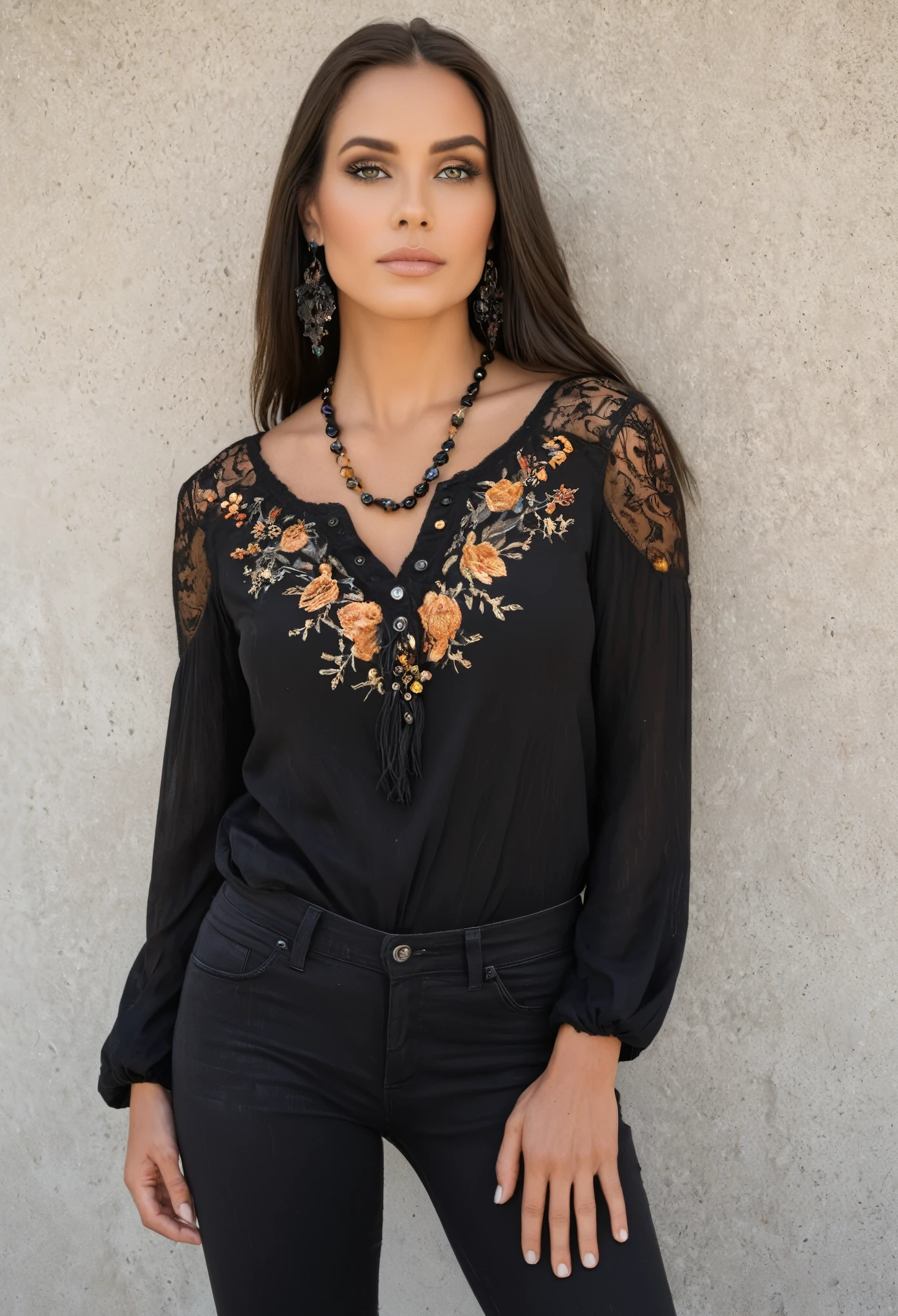 standing in front of a white stucco wall, richly textured stucco wall with a crude skeleton floral mural hand-painted and lettering: "ra eja". a woman rests, posed relaxed, she's wearing a long sleeve black peasant top, airy lace details, easy-fit, a sophisticated dark look, all over black floral embroidery:1.3)), hands relaxed, thumbs hooked into (her faded black jeans, stretched around her curvy body), thighs, gemstone black opal necklace, radiant, her head tilts down, she's looking into camera, hair pulled back, two colors of brown and raven black, amber, gemstone drop earrings, strands of long hair fall over her stunning eyes, 8k, 88mm lens,
