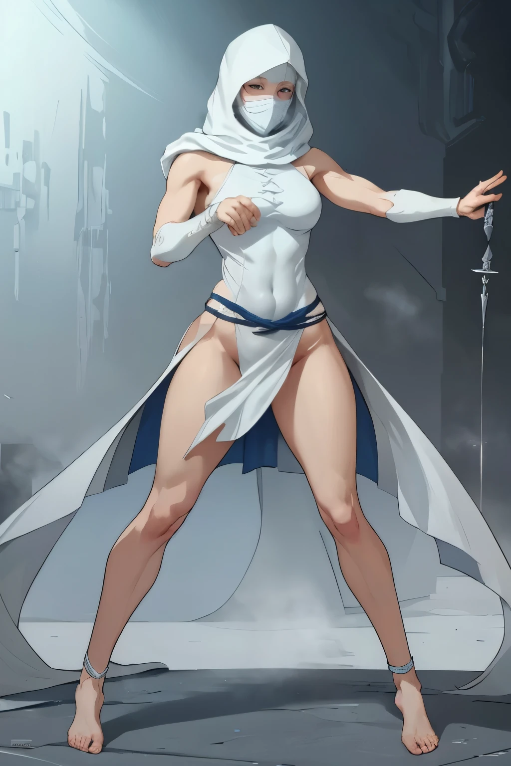 full body shot, a white hood covers her head, very blue eyes, porcelain skin, very white and pale skin, she wears a mask that covers her mouth, only her eyes are visible, he wears a white tunic, only his arms and legs appear, the skirt is long, with a slit that goes to the groin, leaving her shapely and muscular legs exposed, she is barefoot, she has two daggers in a battle position, on tiptoe