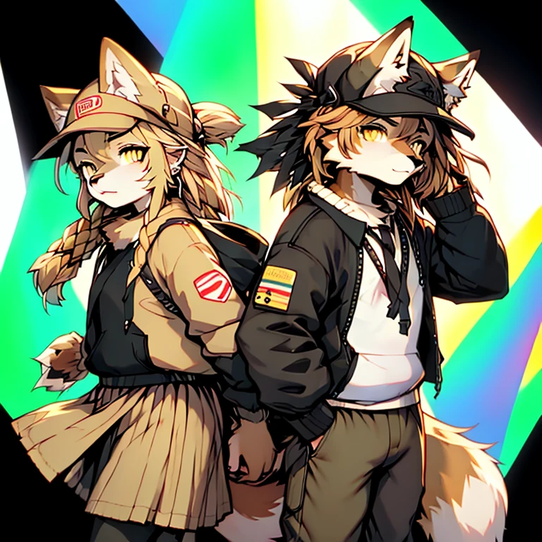 (wolf boy) (wolf girl) (10-year-old (female black wolf child), (bright green eyes), ((black fur, extremely long black hair))) (11-year-old (boy brown wolf child), (bright gold eyes), ((brown fur, short messy brown hair))) ((wolf girl yellow dress, newsboy-cap)) ((wolf boy gray-green jacket, khaki pants, hood down)) Fluffy anthropomorphic wolf, Fluffy wolf nose, wolf tail, Body fur, (detailed eyes)
