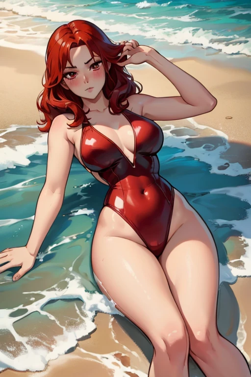 A red haired woman with red eyes with an hourglass figure in a cute one piece swimsuit is laying in the waves at the beach with a blush
