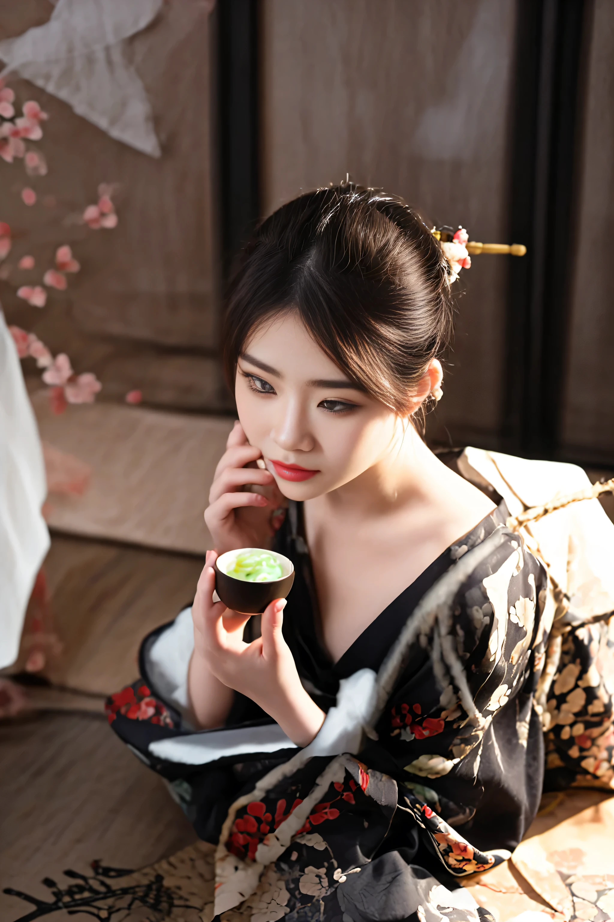 woman in kimono dress eating a cupcake while sitting on the floor, palace ， a girl in hanfu, elegant japanese woman, hanfu, tea ceremony scene, portrait shot, chinese girl, organic seductive geisha, with acient chinese clothes, chinese woman, traditional beauty, inspired by Gu An, wearing ancient chinese clothes, japanese woman, japanese model