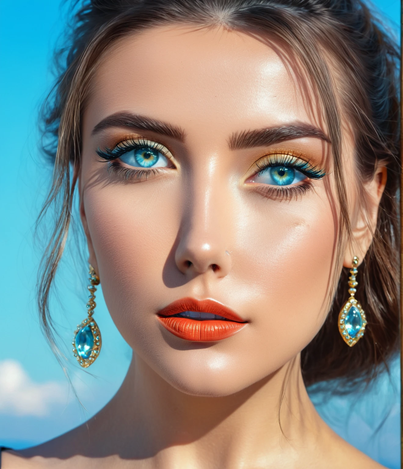 (masterpiece, best quality:1.2), 1woman, solo ((ultra realistic))), photo, best quality, trending on artstation, master piece, jewels instead of pupils in eyes, electricity in eyes, aquamarine eyeshadow, glossy lips, beautiful face portrait 8k 4k masterpiece photo analog style, bare shoulder, blue sky background
