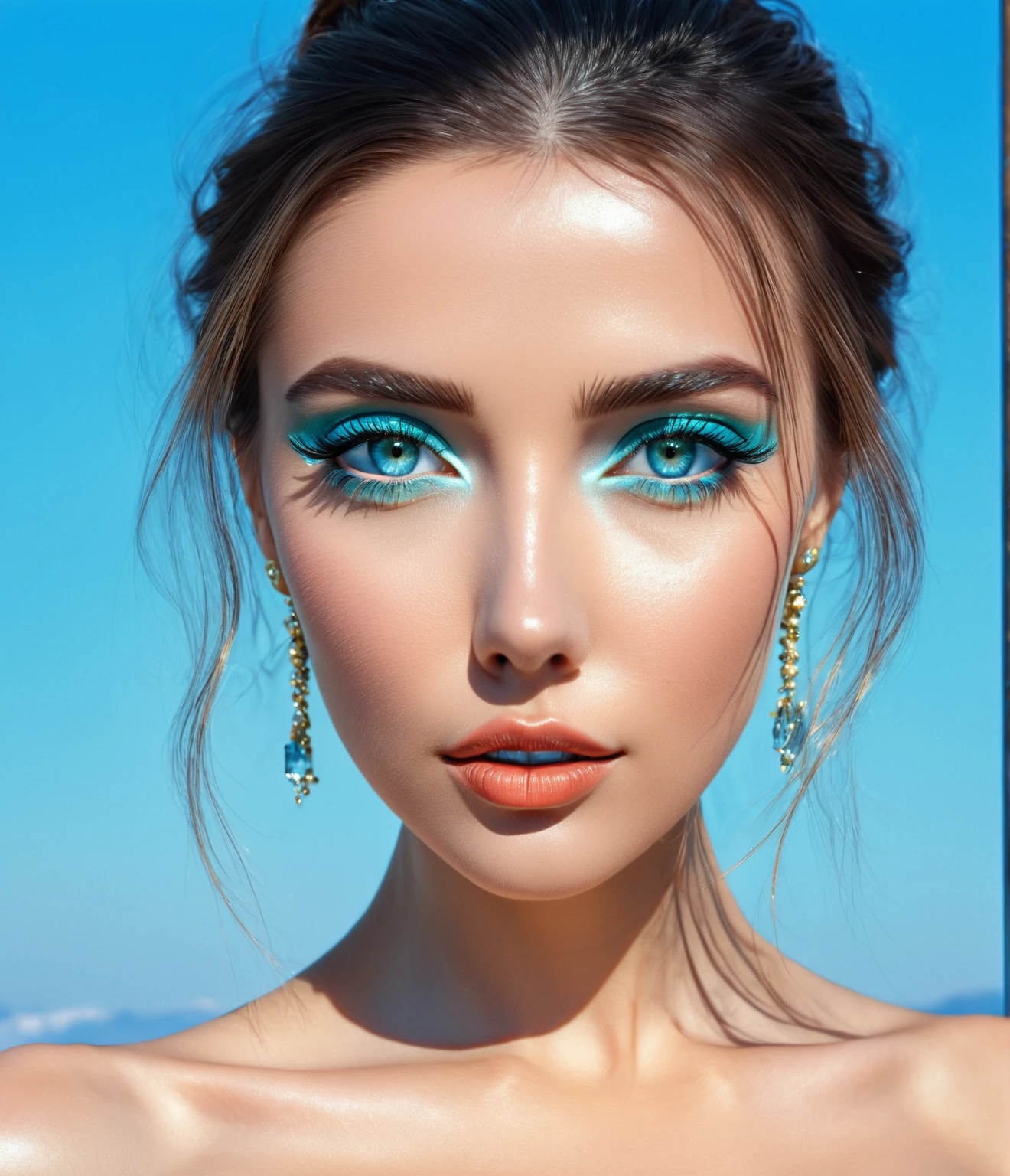 (masterpiece, best quality:1.2), 1woman, solo ((ultra realistic))), photo, best quality, trending on artstation, master piece, jewels instead of pupils in eyes, electricity in eyes, aquamarine eyeshadow, glossy lips, beautiful face portrait 8k 4k masterpiece photo analog style, bare shoulder, blue sky background
