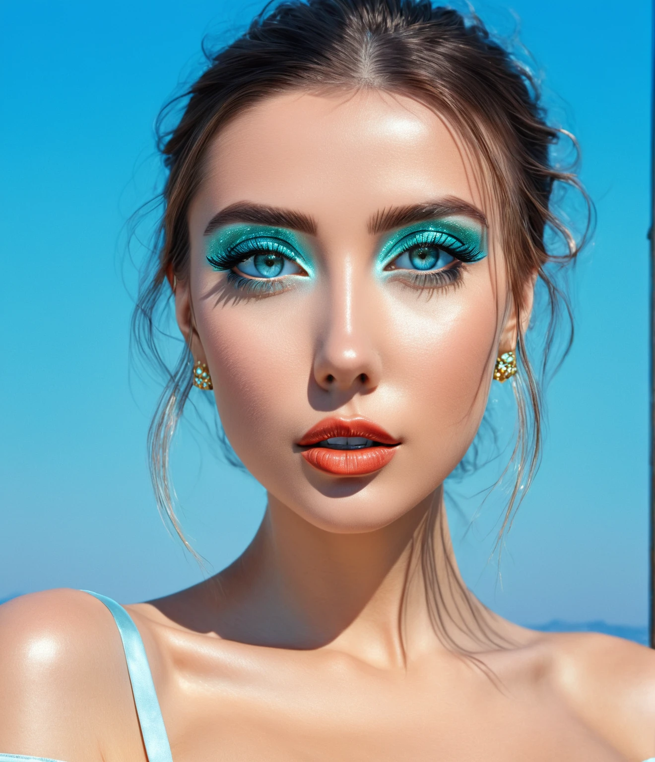 (masterpiece, best quality:1.2), 1woman, solo ((ultra realistic))), photo, best quality, trending on artstation, master piece, jewels instead of pupils in eyes, electricity in eyes, aquamarine eyeshadow, glossy lips, beautiful face portrait 8k 4k masterpiece photo analog style, bare shoulder, blue sky background