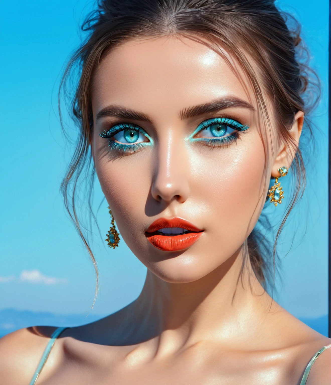 (masterpiece, best quality:1.2), 1woman, solo ((ultra realistic))), photo, best quality, trending on artstation, master piece, jewels instead of pupils in eyes, electricity in eyes, aquamarine eyeshadow, glossy lips, beautiful face portrait 8k 4k masterpiece photo analog style, bare shoulder, blue sky background
