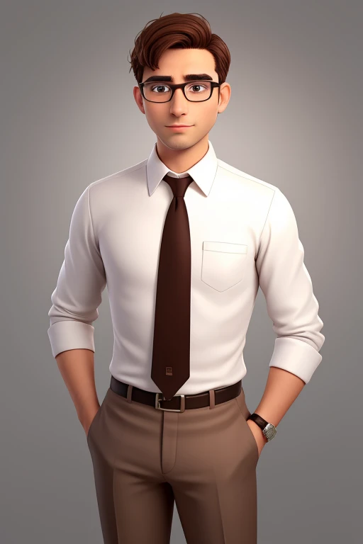 A man of 30 years old, with short brown hair,diamond face, strict look, and brown eyes, wearing white white shirt with necktie and glasses.