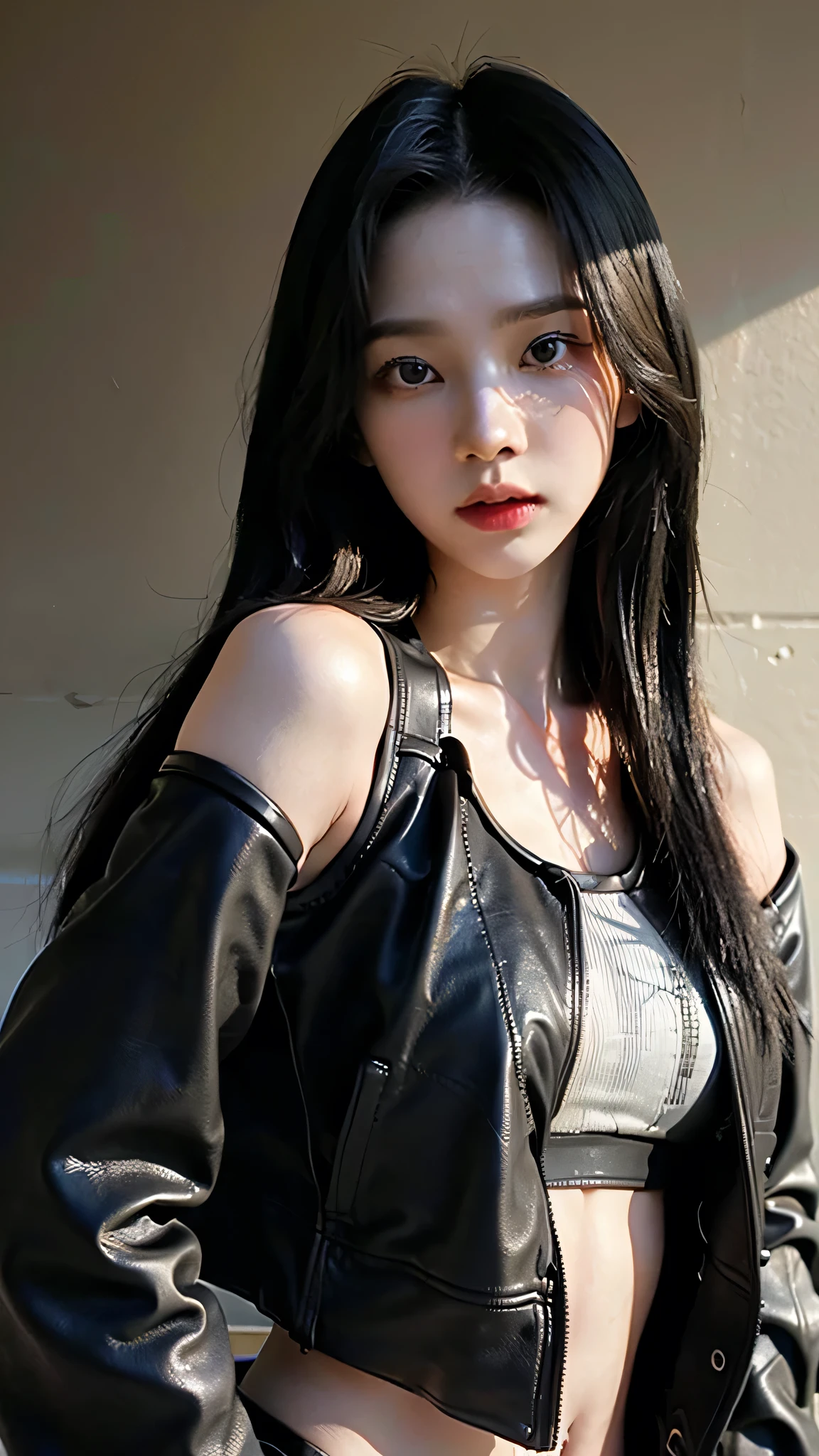 (8k、RAW Photos、top-quality、​masterpiece:1.2)、(realistic Photo-realsitic:1.37)、1girl in、japanese, 18-years old, face lights, Detailed face、Detailed lips, (wearing a black faux leather jacket over sports bra:1.5), (exposed right shoulder :1.5), right raised a bit, seductive pose, opened jacket, long black hair,