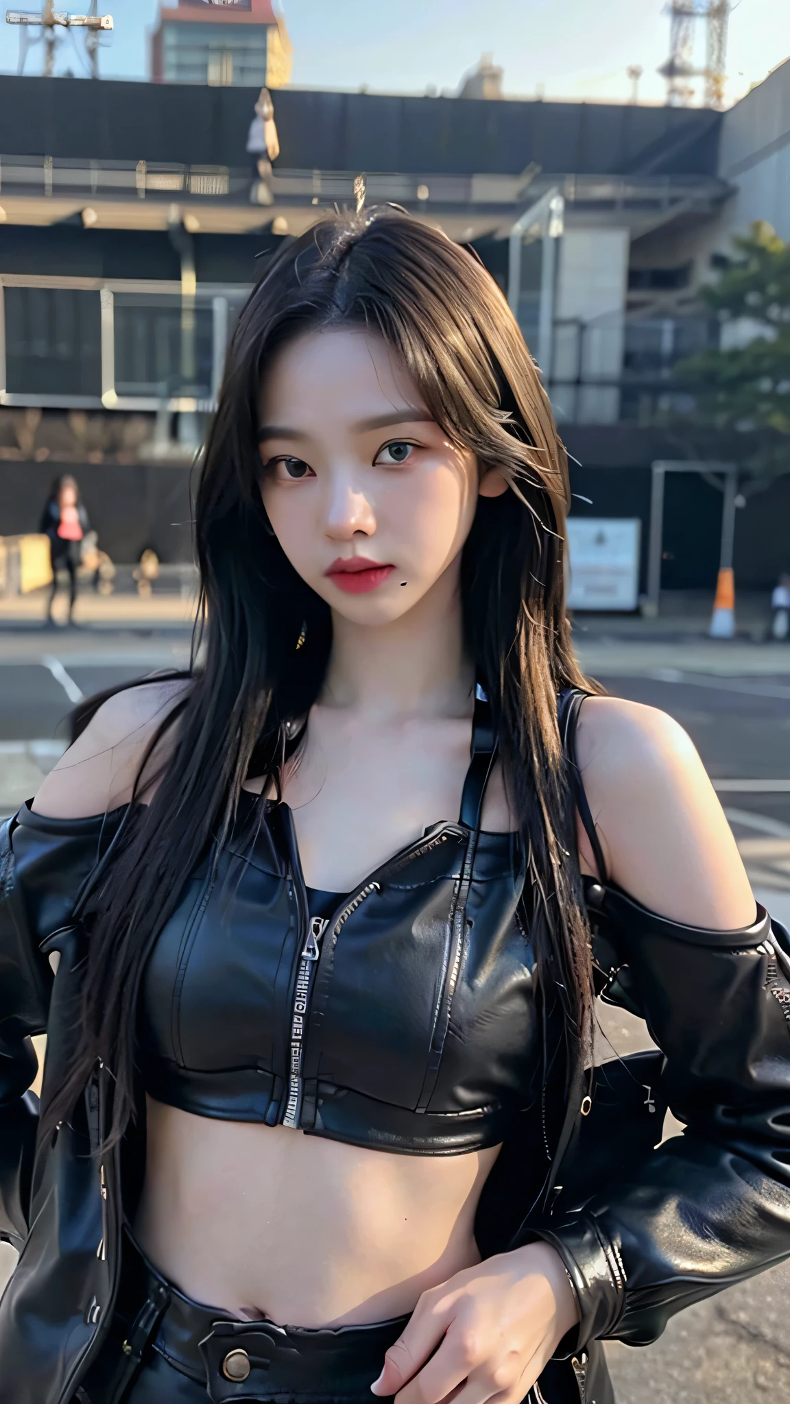 (8k、RAW Photos、top-quality、​masterpiece:1.2)、(realistic Photo-realsitic:1.37)、1girl in、japanese, 18-years old, face lights, Detailed face、Detailed lips, (wearing a black faux leather jacket over sports bra:1.5), (exposed right shoulder :1.5), right raised a bit, seductive pose, opened jacket, long black hair,