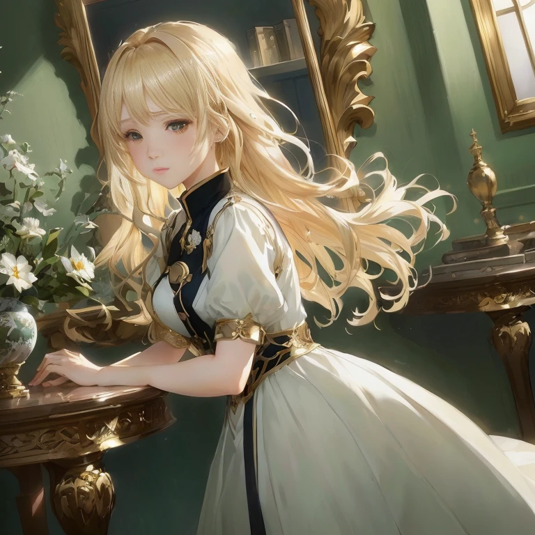 anime girl in a white dress standing in front of a mirror, violet evergarden, cushart krenz key art feminine,  in dress, blonde - haired princess, smooth anime cg art, portrait of lolita, detailed key anime art, blonde anime girl with long hair, cute anime waifu in a nice dress, detailed digital anime art, splash art anime 