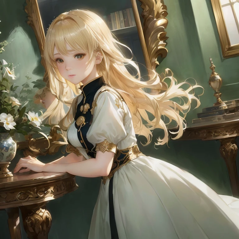 anime girl in a white dress standing in front of a mirror, violet evergarden, cushart krenz key art feminine, in dress, blonde - haired princess, smooth anime cg art, portrait of ta, detailed key anime art, blonde anime girl with long hair, cute anime waifu in a nice dress, detailed digital anime art, splash art anime