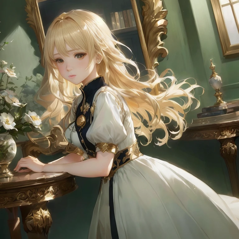anime girl in a white dress standing in front of a mirror, violet evergarden, cushart krenz key art feminine, in dress, blonde - haired princess, smooth anime cg art, portrait of lolita, detailed key anime art, blonde anime girl with long hair, cute anime waifu in a nice dress, detailed digital anime art, splash art anime