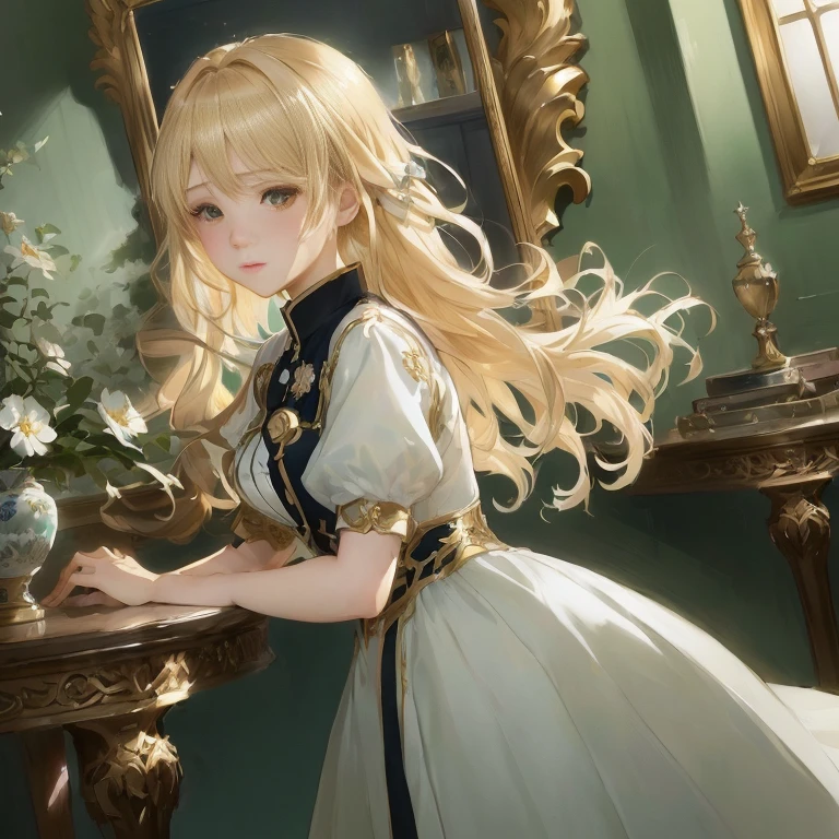 anime girl in a white dress standing in front of a mirror, violet evergarden, cushart krenz key art feminine,  in dress, blonde - haired princess, smooth anime cg art, portrait of ta, detailed key anime art, blonde anime girl with long hair, cute anime waifu in a nice dress, detailed digital anime art, splash art anime 