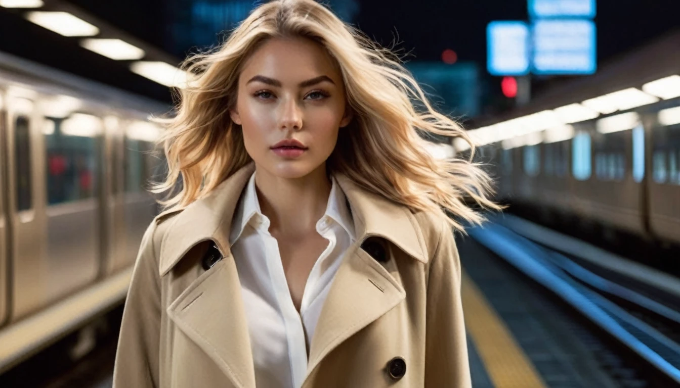 side view full body shot of A beautiful blonde stylish woman walking forward on a platform of the train station in a megacity at night , and turning back to looking back to the viewer, a futuristic train in the background . She has (long wavy blonde hair blown in the wind), wearing beige colored coat with white blouse, Award - winning photograph, Masterpiece, 8k, ultra high res, hyper detailed, beautiful woman, perfect face, rule of thirds, highly detailed hair, ((detailed face)), ((detailed facial features)), (finely detailed skin), pale skin, intricate details, amazing fine detail, photorealistic, photograph, photorealism, rich colors, lifelike texture, neutral colors, Soft front light,cinematic lighting, dramatic lighting,dappled light on face, backlight on hair, sharp focus, wide angle, film grain, dslr, raw photo, photographed on Nikon