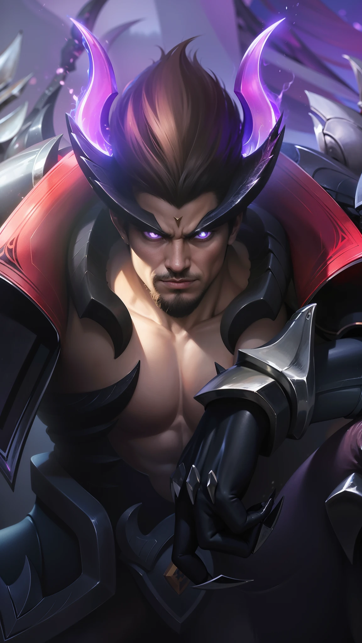 a close up of a man with a sword and armor, gilgamesh, portrait of dragoon, casimir art, roguish smirk, sylas, official splash art, mobile legends, Best quality, masterpiece, detailed skin texture, detailed clothes texture, detailed face, super detail, 8k, intricate detail, 1 boy, The color doesn't change, Muscle guy, 1 guy, purple eyes.