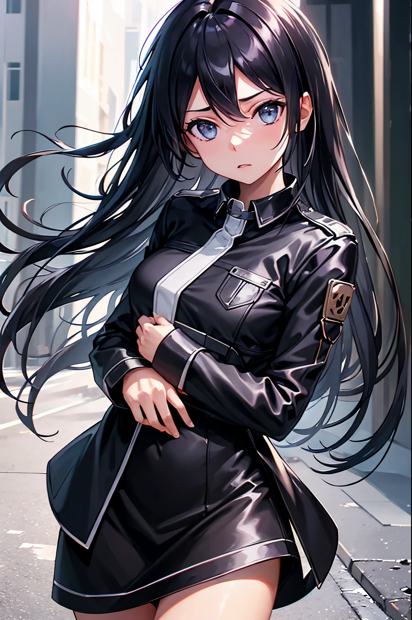 (masterpiece), best quality, expressive eyes, perfect face, highres, 1girl, solo, kirito, black hair, long hair, black eyes, hair between eyes, black jacket, black pants, black fingerless gloves, standing, upper body portrait, looking at the viewer