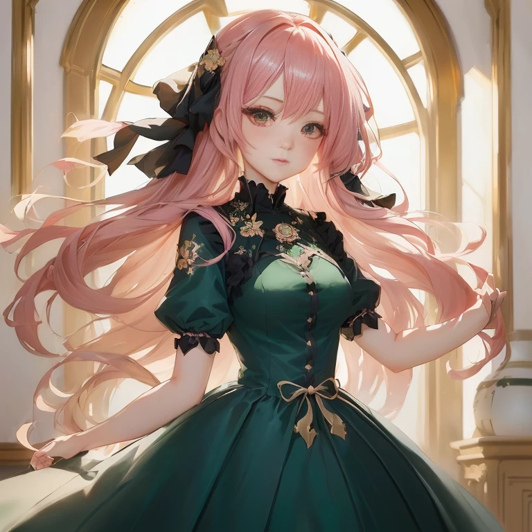 anime girl with long pink hair wearing a green dress, cute anime waifu in a nice dress, in dress, guweiz on pixiv artstation, beautiful anime portrait, trending on artstation pixiv, shadowverse style, anime girl wearing a black dress, portrait of lolita, anime girl with long hair, 8k high quality detailed art