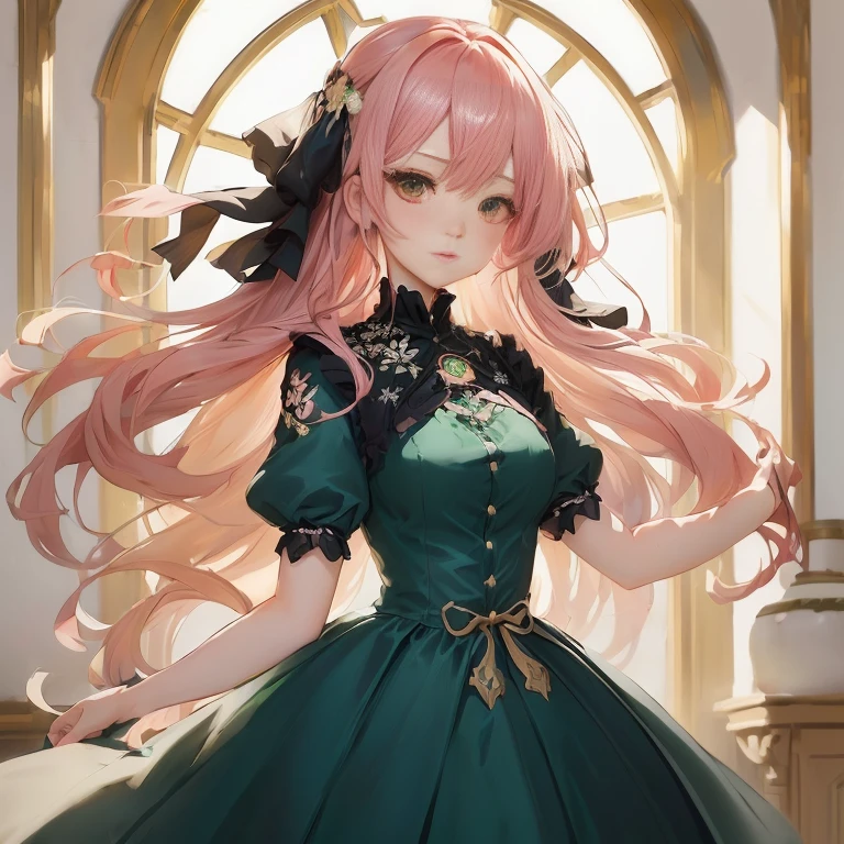 anime girl with long pink hair wearing a green dress, cute anime waifu in a nice dress,  in dress, guweiz on pixiv artstation, beautiful anime portrait, trending on artstation pixiv, shadowverse style, anime girl wearing a black dress, portrait of lolita, anime girl with long hair, 8k high quality detailed art