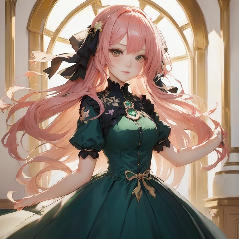anime girl with long pink hair wearing a green dress, cute anime waifu in a nice dress, in dress, guweiz on pixiv artstation, beautiful anime portrait, trending on artstation pixiv, shadowverse style, anime girl wearing a black dress, portrait of lolita, anime girl with long hair, 8k high quality detailed art