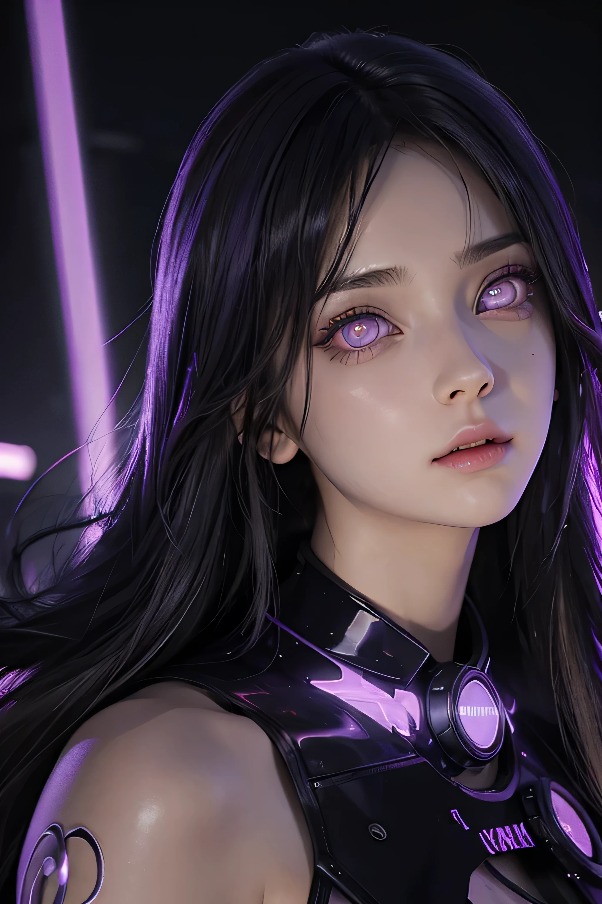 One female , bright purple eyes , "pupils glowing purple" , black hair , blonde highlights" , very_long_hair , big_breasts , perfect figure , detailed face , masterpiece , best quality , ultra detailed , (detailed background) , perfect shading , high contrast , best illumination , extremely detailed , ray tracing , realistic lighting effects , neon noir illustration , cyberpunk background 