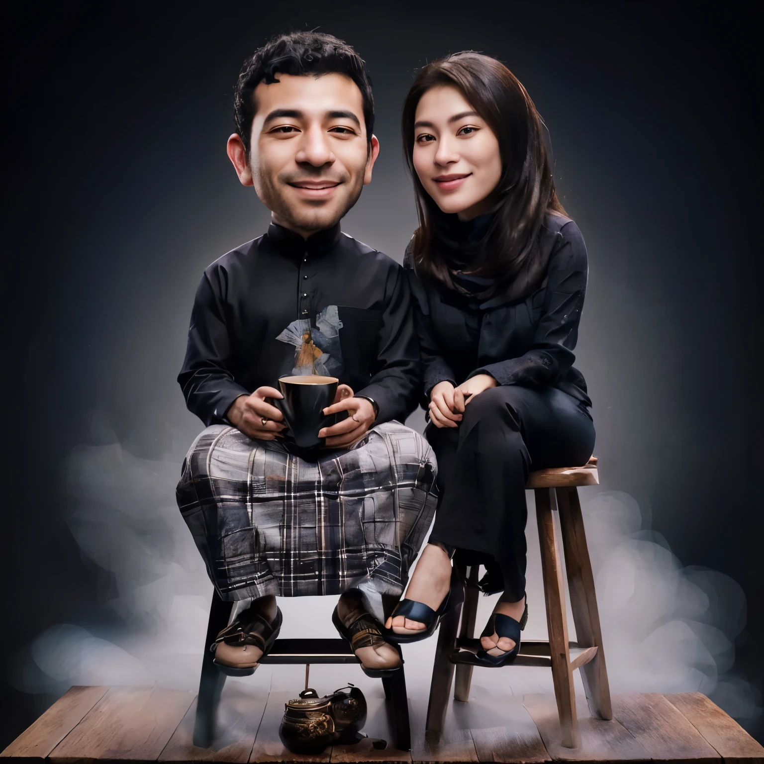 arafed couple sitting on stool with a cup of tea, full protrait, couple portrait, potrait, couples portrait, lovely couple, high quality portrait, classic portrait, happy couple, couple, portrait shot, couple pose, portrait, realism art, photo portrait, traditional art, detailed portrait, portait photo profile picture, render, nft portrait, semi realism