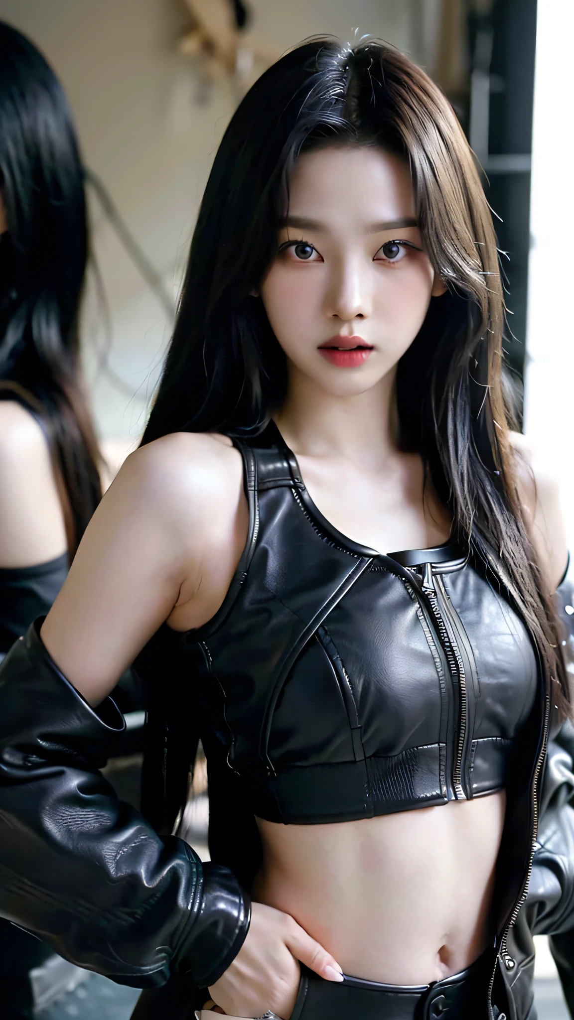 (8k、RAW Photos、top-quality、​masterpiece:1.2)、(realistic Photo-realsitic:1.37)、1girl in、japanese, 18-years old, face lights, Detailed face、Detailed lips, (wearing a black faux leather jacket over sports bra:1.5), (exposed right shoulder :1.5), right raised a bit, seductive pose, opened jacket, long black hair,