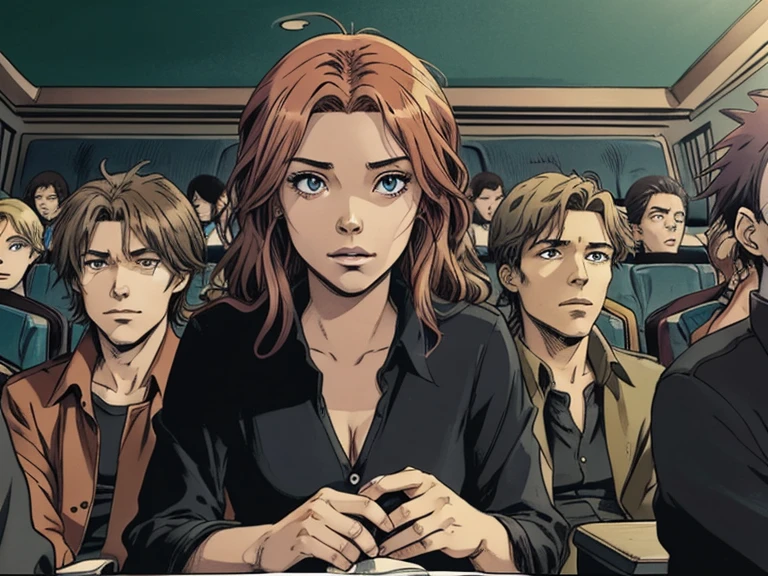 vector image, 2d cartoon,masterpiece, An anime woman, colored hair, in cinema, with male friends, sitting,