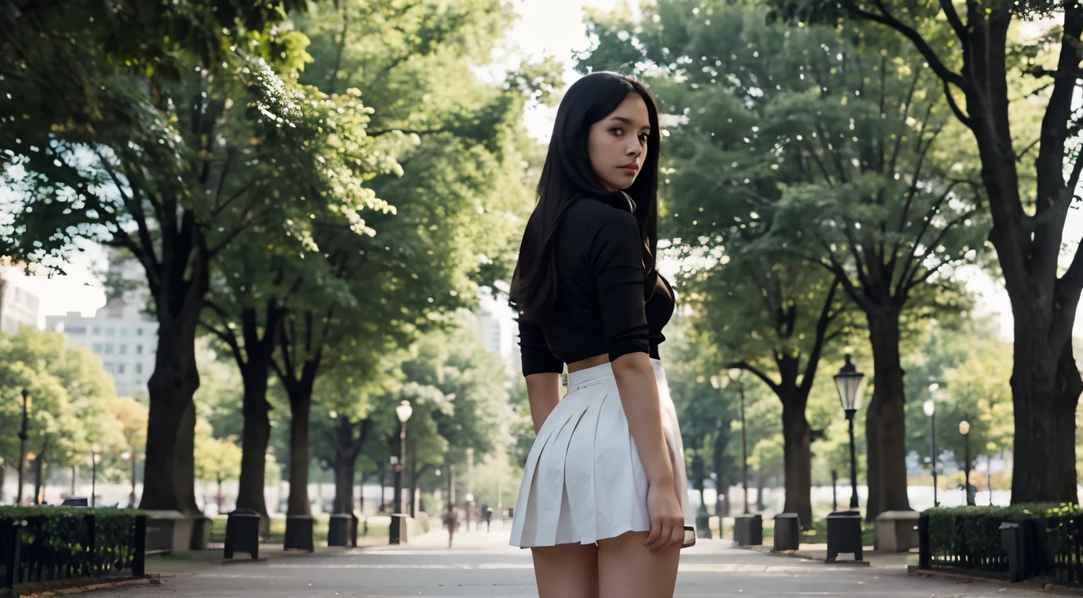 Girl in pleated white skirt, tight shirt with unbuttoned buttons, long black hair, standing full-length, beautiful legs, in the park, back view , looking at the camera, professional photo