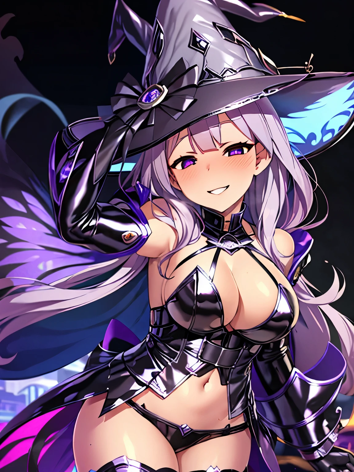 (8k, highest quality, masterpiece:1.2),High quality CG Unity 8k Large file size,Very detailed,High resolution,Beautiful Eyes,Ray Tracing,Dramatic Shadows,finely,Hyper Detail,(1 girl), Two-dimensional woman、
diabellze, blue eyes, blonde hair, purple hair, multicolored hair, witch hat, white coat, white bodysuit, multiple belts,
thigh boots,
blush, grin,
night, light,
skirt,