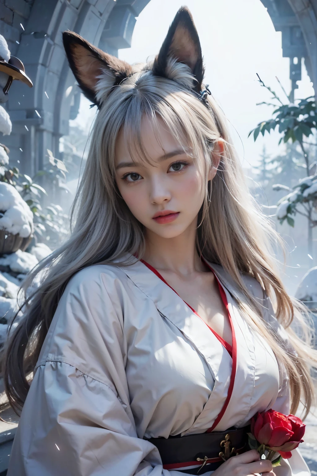 Hide in the ancient shrine、Hair flows、 ((highest quality、masterpiece、8k、best image quality、ultra high resolution、Award-winning work)、(accurate anatomy:1.1)、(look at me and smile:1.1)、Shining fair skin with ultra high resolution、most detailed face、ultra high resolution detailed face、ultra high resolutionの髪の毛、(ultra high resolutionの煌めく瞳:1.1)、Beautiful face drawn in every detail、(blurred background:1.1)、ancient shrine maiden clothes, chest together, tattoo、white fox aside 