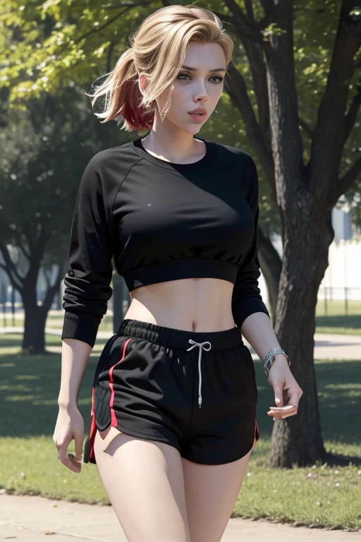 Scarlett Johansson,in a park,jogging,black color shorts,red color top