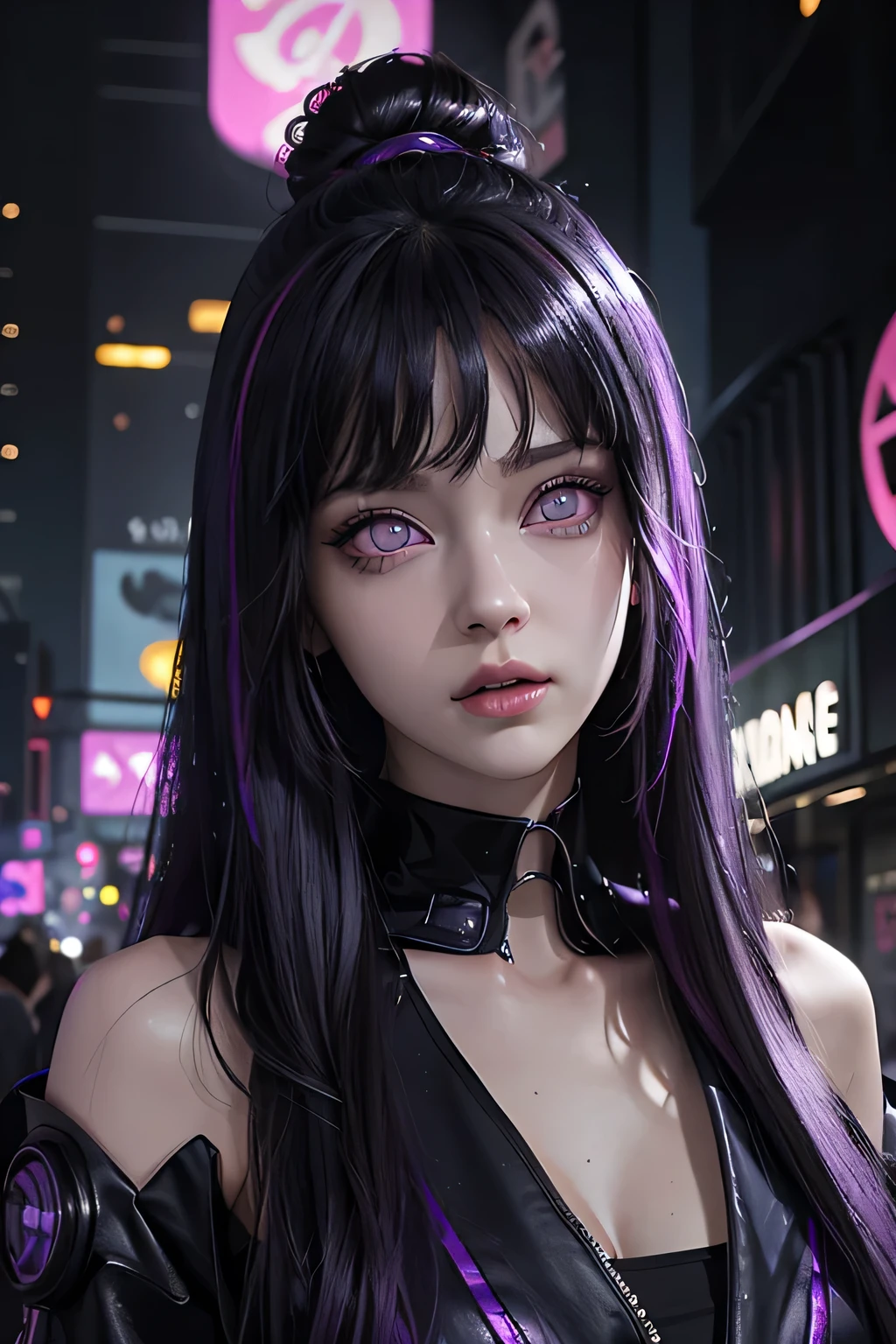 One female , bright purple eyes , "pupils glowing purple" , black hair , blonde highlights" , very_long_hair , big_breasts , perfect figure , detailed face , masterpiece , best quality , ultra detailed , (detailed background) , perfect shading , high contrast , best illumination , extremely detailed , ray tracing , realistic lighting effects , neon noir illustration , cyberpunk background