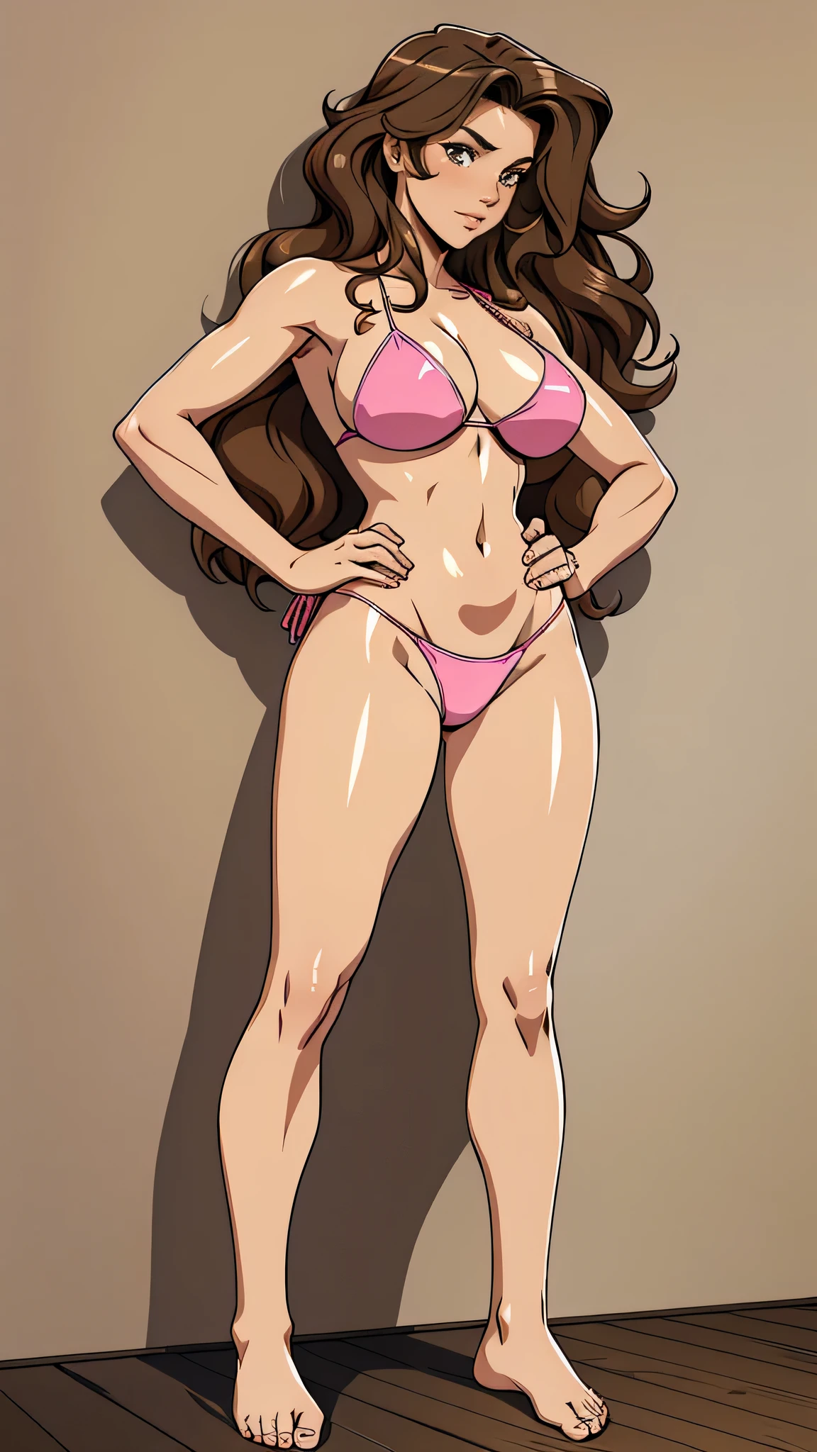 Masterpiece, best quality, Masterpiece, best quality, 1 woman, wavy brown hair, sly face , pink bikini , big breasts , Long legs , hands on hips , Barefoot , wall