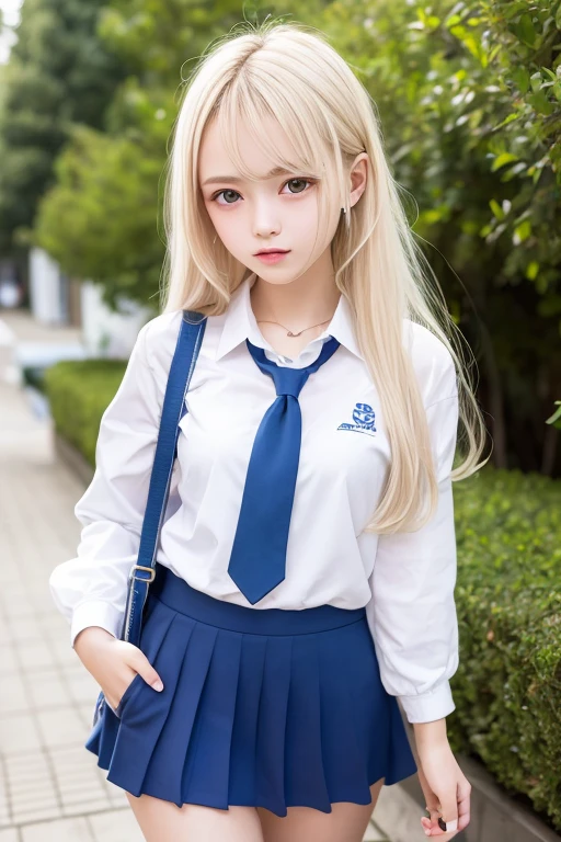 plein air、Swaying bangs、Care for bangs、poneyTail、hair care、The ultimate beauty of 16 years old、a miniskirt、Glossy white beautiful skin、Sexy and very beautiful good looks、Very cute face with ultimate beauty、Super long platinum blonde hair、Smooth straight hair、Big blue eyes with radiant transparency、School Uniforms