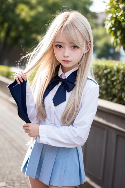 plein air、Swaying bangs、Care for bangs、poneyTail、hair care、The ultimate beauty of 16 years old、a miniskirt、Glossy white beautiful skin、Sexy and very beautiful good looks、Very cute face with ultimate beauty、Super long platinum blonde hair、Smooth straight hair、Big blue eyes with radiant transparency、School Uniforms