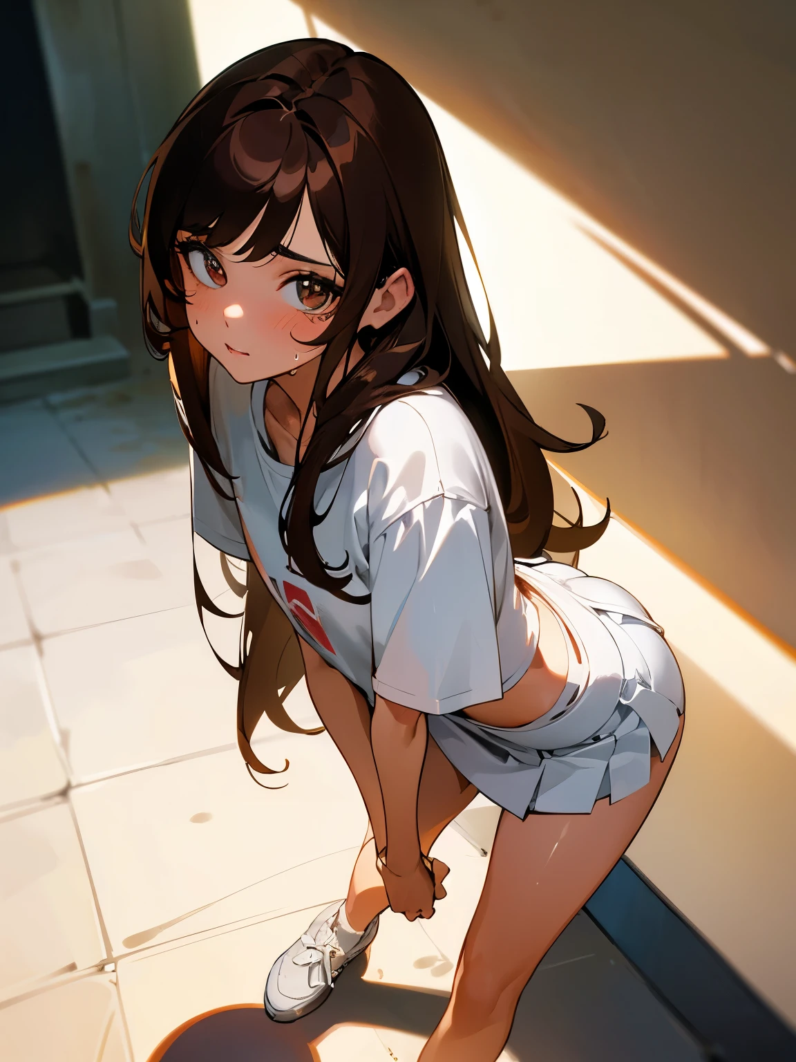 girl, cute, brown hair, straight hair, beautiful face, high detailed real eye, high quality pupil, double eyelid, slim body, huge butt, white shirt, micro mini skirt, white race panty, beautiful leg, high detailed real skin, high quality skin, sweaty skin, wet skin, park, professional lighting, real shadow, masterpiece,