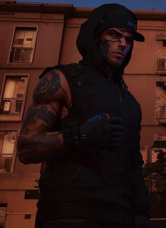 there is a man with a tattoo on his arm standing in front of a building, cyberpunk street goon, full body shot hyperdetailed, gta character, as a character from gtav, detailed upper body, aiden pearce, inspired by Ludovit Fulla, arms covered in gang tattoo, looks realistic, full body close-up shot, hyperdetailed!!, highly detailed upper body